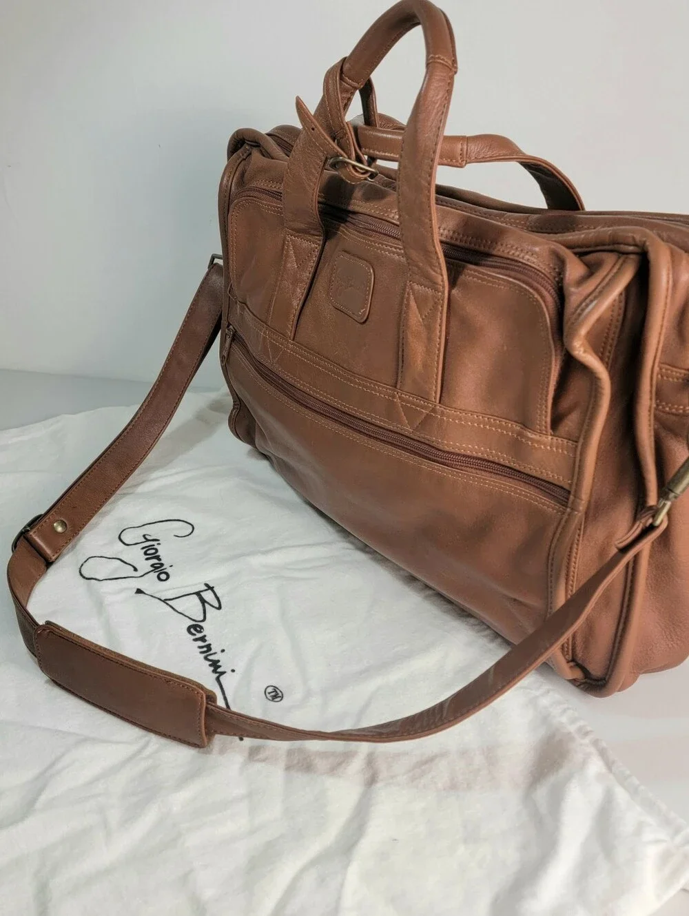 Giorgio Bernini Expandable Messenger Bag Brown Leather Laptop Briefcase-Dust Bag